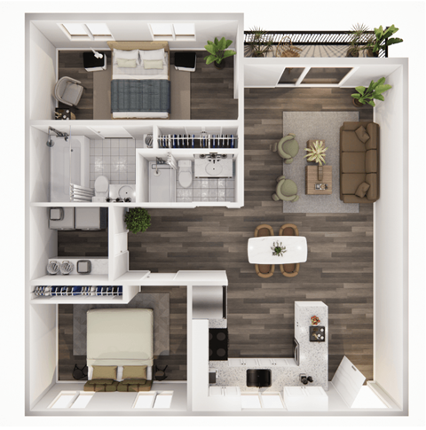 Floor plan for 2 beds, 2 baths, 1000 sqft